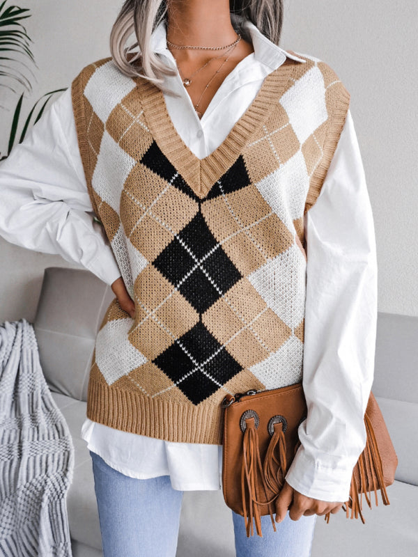 Women's diamond V-neck casual loose knit vest sweater - Closther