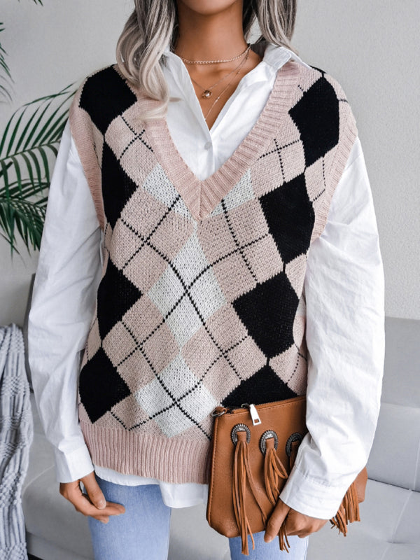 Women's diamond V-neck casual loose knit vest sweater - Closther