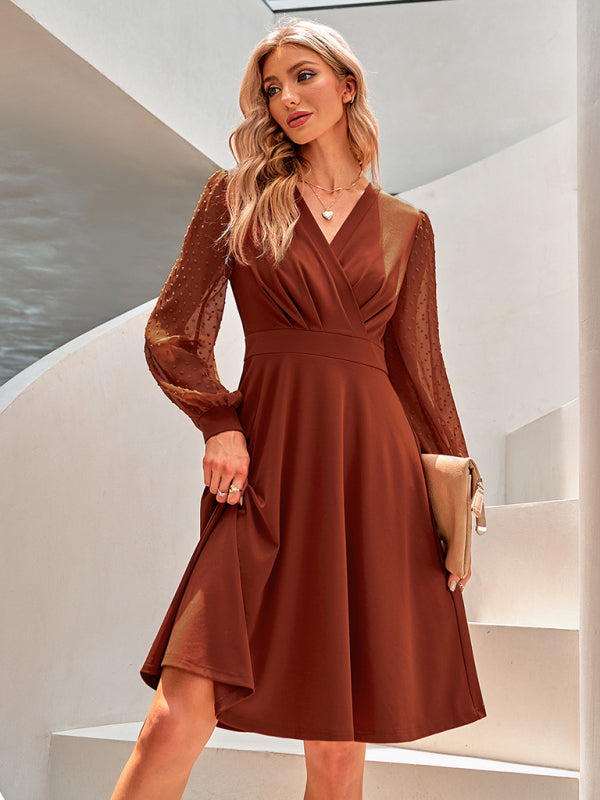 Trendiges einfarbiges Jacquard-Kleid mit V-Ausschnitt für Damen 