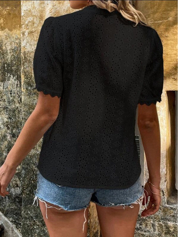 Chemise à manches courtes pour femme, unie et ajourée 