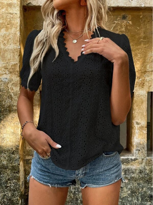 Chemise à manches courtes pour femme, unie et ajourée 