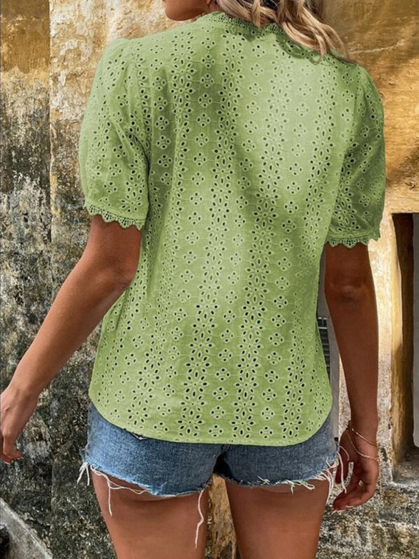 Chemise à manches courtes pour femme, unie et ajourée 