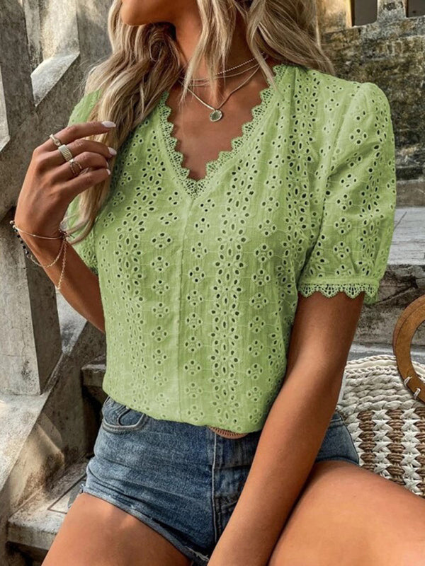 Chemise à manches courtes pour femme, unie et ajourée 
