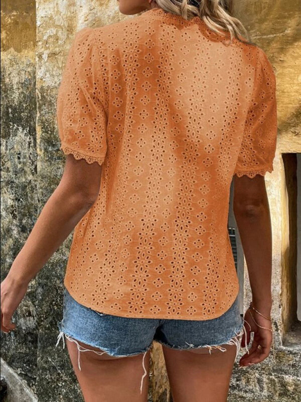 Chemise à manches courtes pour femme, unie et ajourée 
