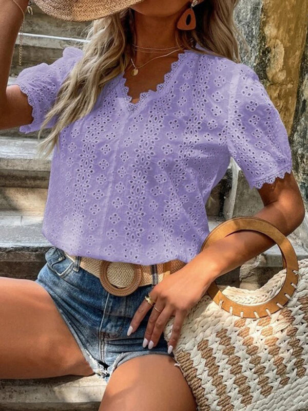 Chemise à manches courtes pour femme, unie et ajourée 
