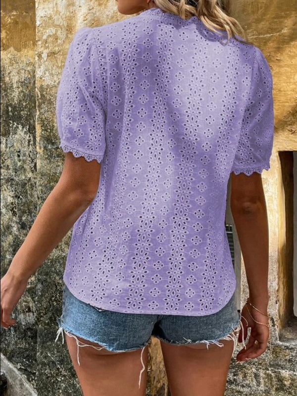 Chemise à manches courtes pour femme, unie et ajourée 