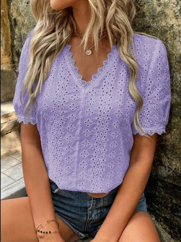 Chemise à manches courtes pour femme, unie et ajourée 