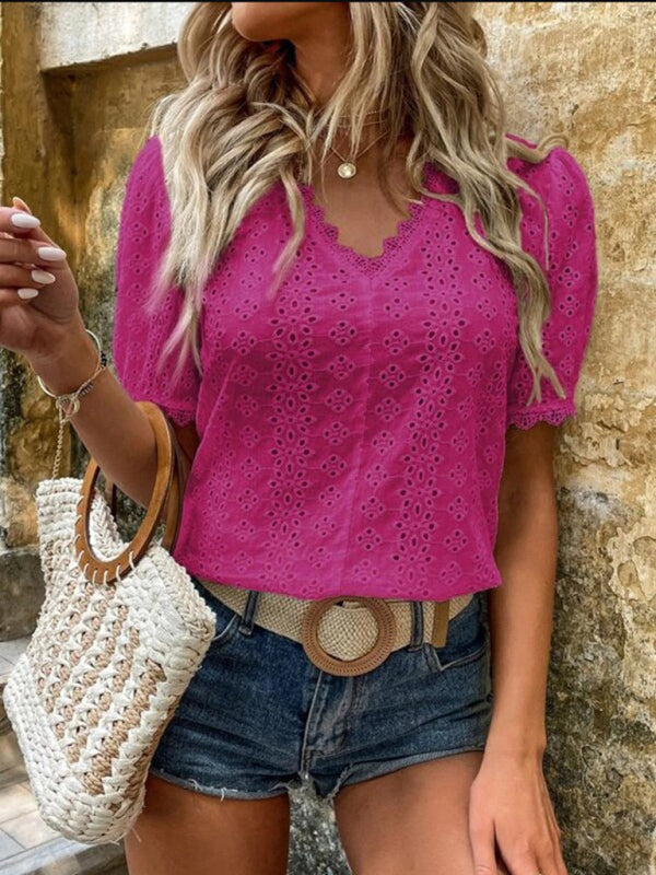 Chemise à manches courtes pour femme, unie et ajourée 