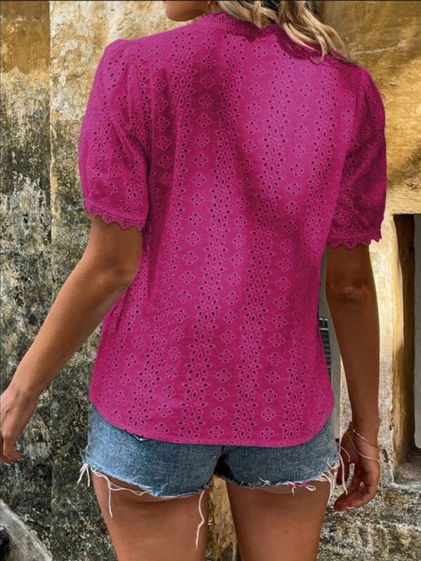 Chemise à manches courtes pour femme, unie et ajourée 