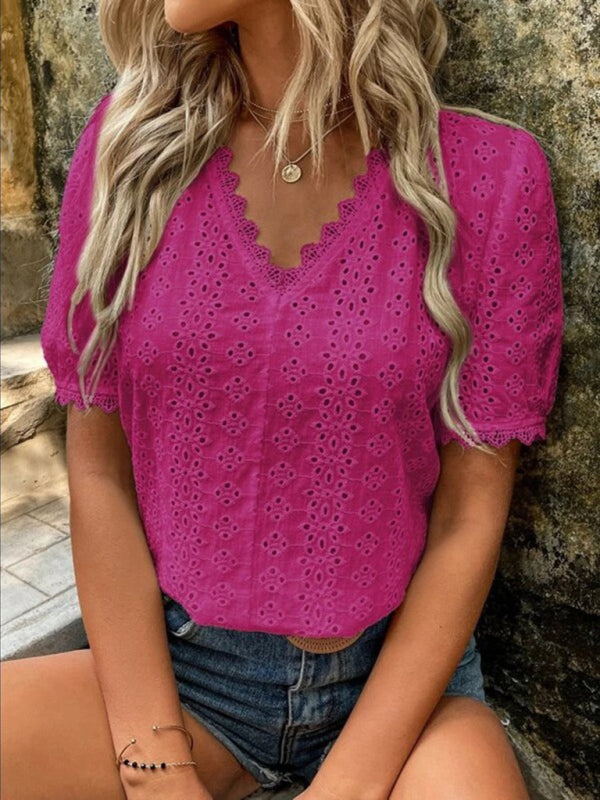 Chemise à manches courtes pour femme, unie et ajourée 