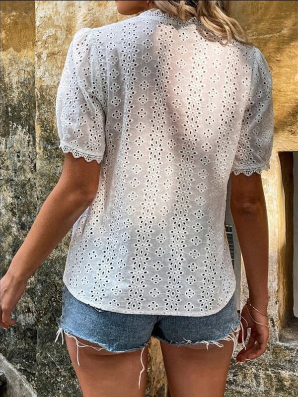 Chemise à manches courtes pour femme, unie et ajourée 