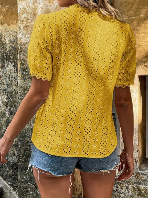 Chemise à manches courtes pour femme, unie et ajourée 