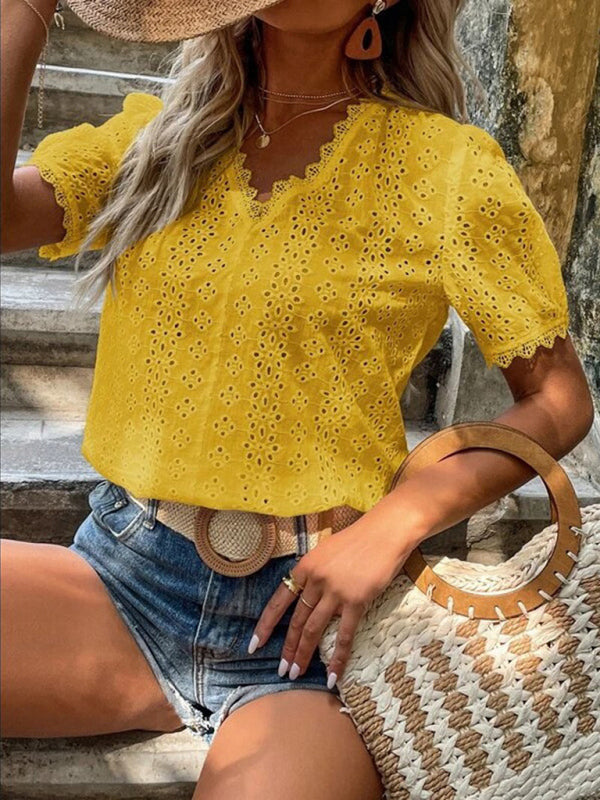 Chemise à manches courtes pour femme, unie et ajourée 
