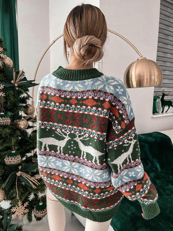 Weihnachtlicher Rundhalspullover für Damen, lockerer Jacquard-Pullover mit langen Ärmeln 