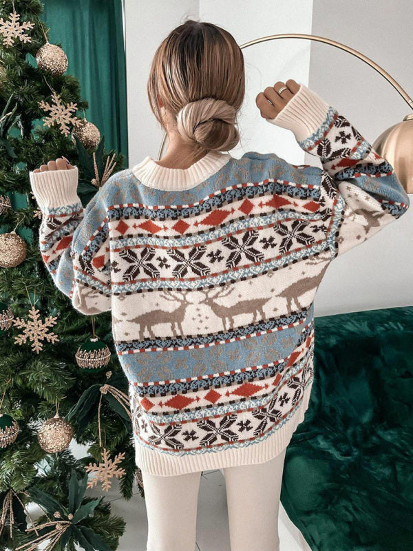 Weihnachtlicher Rundhalspullover für Damen, lockerer Jacquard-Pullover mit langen Ärmeln 