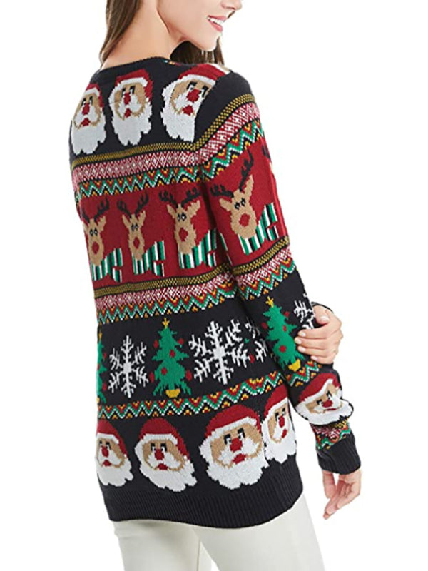 Strickpullover mit festlichem Rentier- und Weihnachtsmannmotiv 