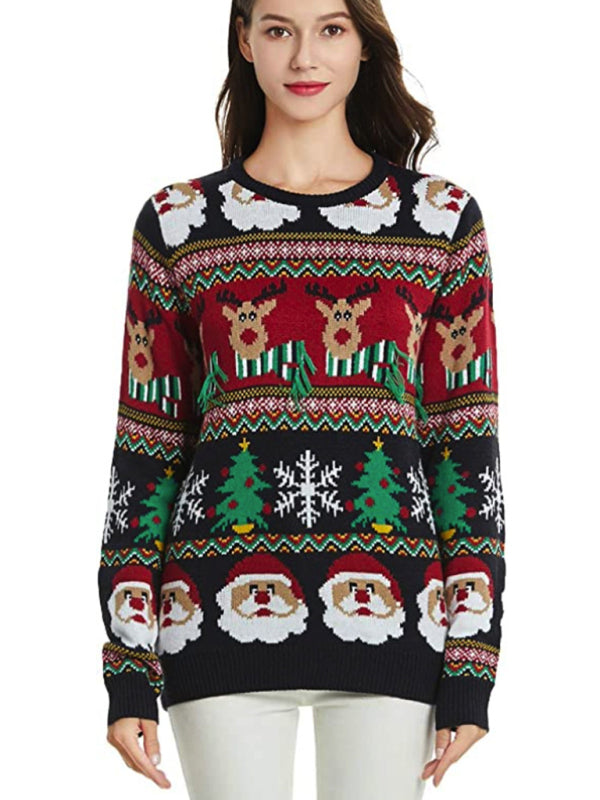 Strickpullover mit festlichem Rentier- und Weihnachtsmannmotiv 