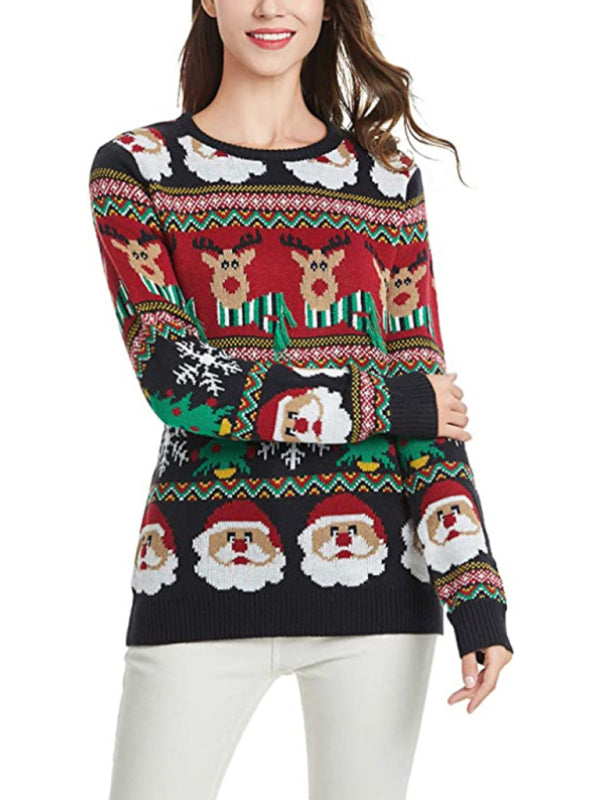 Strickpullover mit festlichem Rentier- und Weihnachtsmannmotiv 