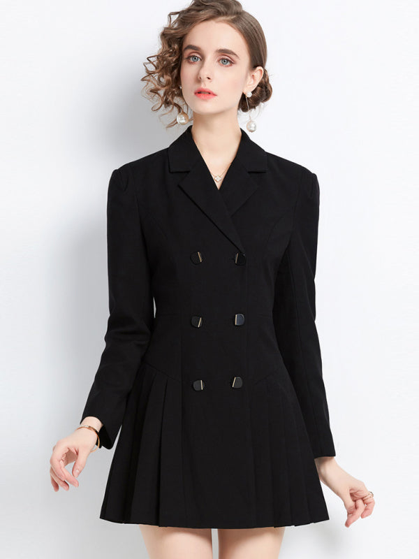 Damen-Kostümkleid mit langen Ärmeln, Kragen und doppelter Knopfleiste 