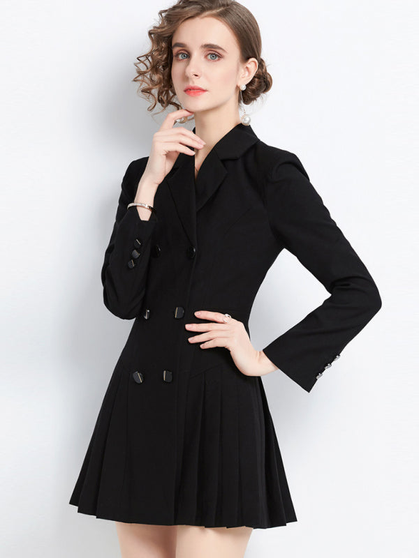 Damen-Kostümkleid mit langen Ärmeln, Kragen und doppelter Knopfleiste 