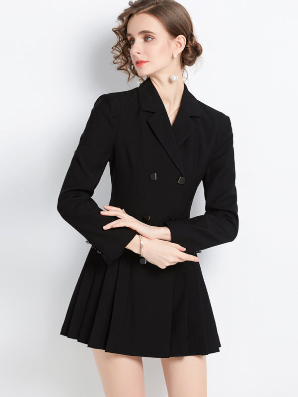 Damen-Kostümkleid mit langen Ärmeln, Kragen und doppelter Knopfleiste 