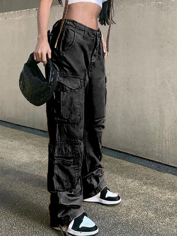 Damen-Cargohose im Retro-Stil mit geradem Bund, hohem Bund, lockerem Schnitt und weitem Bein 
