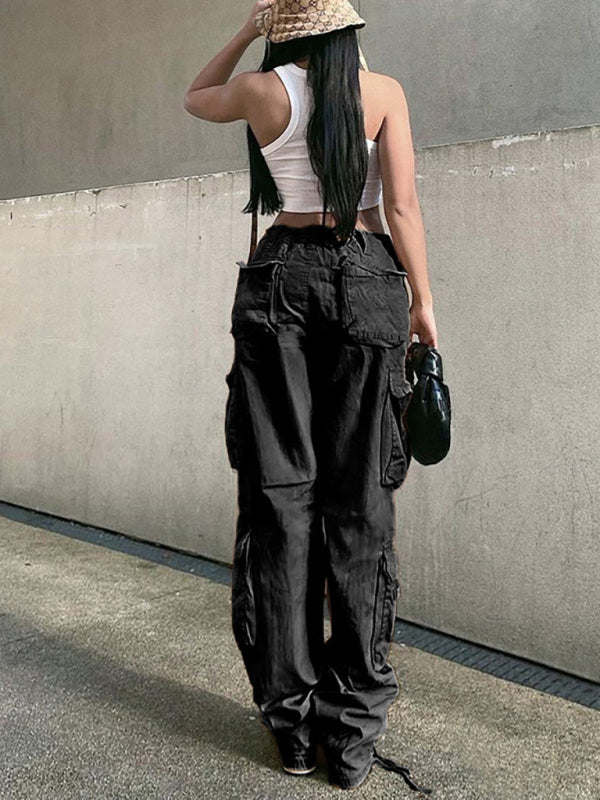 Damen-Cargohose im Retro-Stil mit geradem Bund, hohem Bund, lockerem Schnitt und weitem Bein 