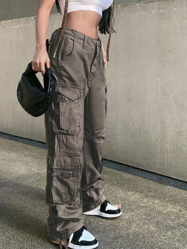 Damen-Cargohose im Retro-Stil mit geradem Bund, hohem Bund, lockerem Schnitt und weitem Bein 