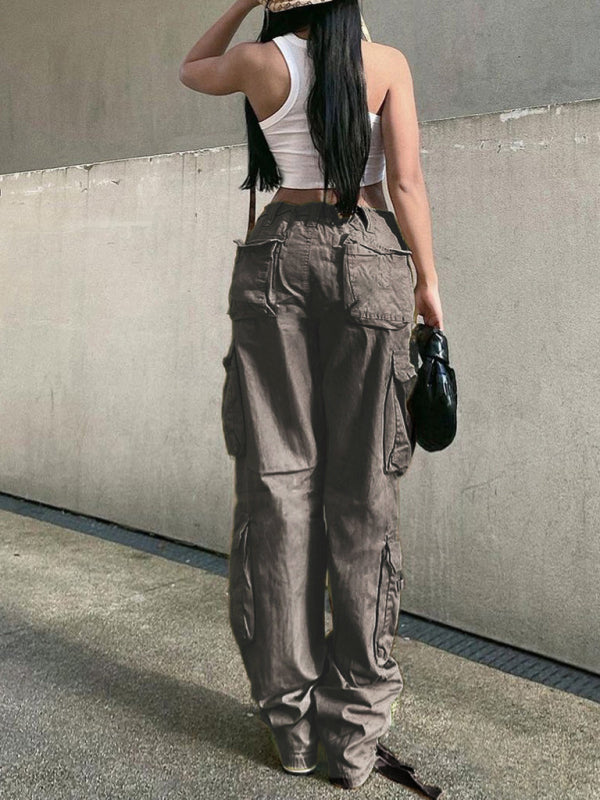 Damen-Cargohose im Retro-Stil mit geradem Bund, hohem Bund, lockerem Schnitt und weitem Bein 