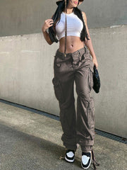 Damen-Cargohose im Retro-Stil mit geradem Bund, hohem Bund, lockerem Schnitt und weitem Bein 