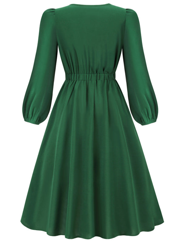 Robes mi-longues trapèze à col rond et nœud pour femmes 