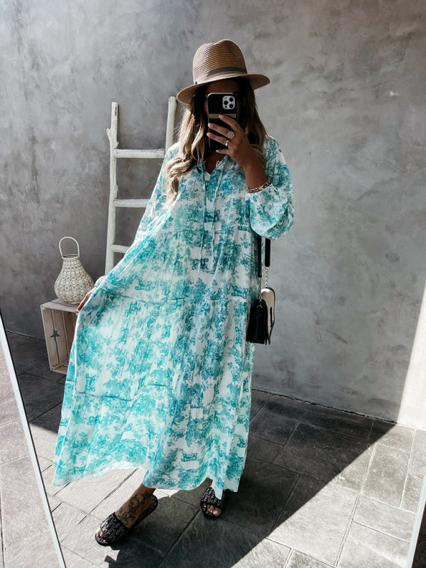 Women's Fashion Print Ruffle Neck Long Sleeve Resort Dress - Closther