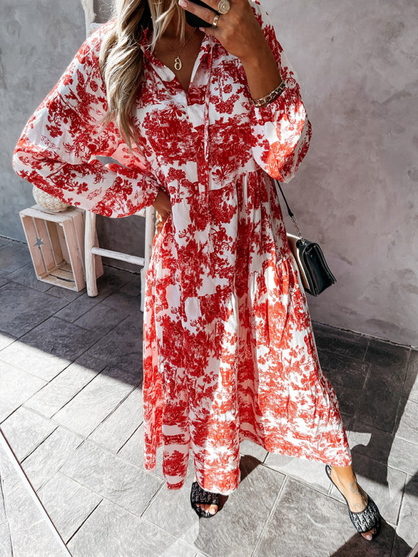 Women's Fashion Print Ruffle Neck Long Sleeve Resort Dress - Closther