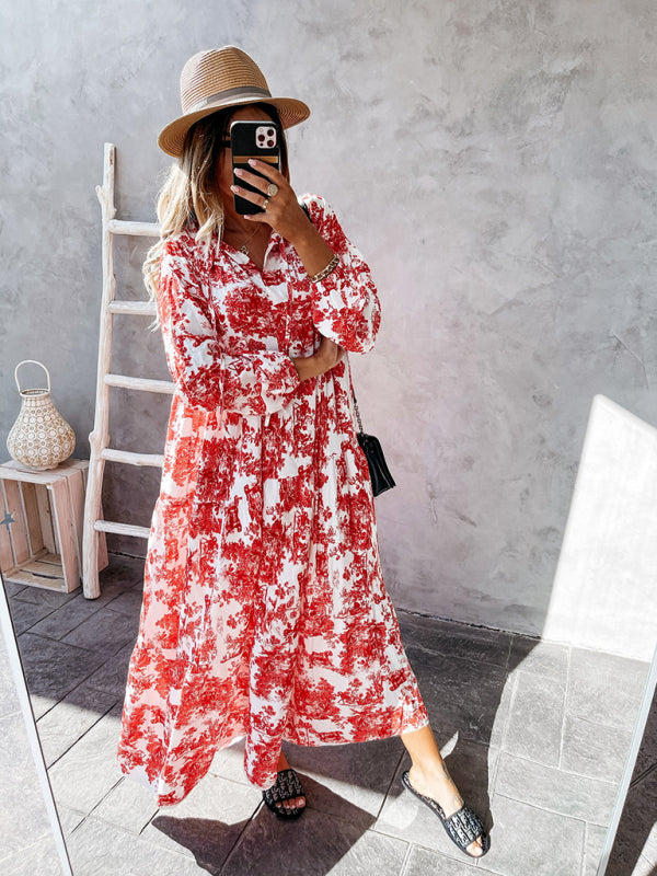 Women's Fashion Print Ruffle Neck Long Sleeve Resort Dress - Closther