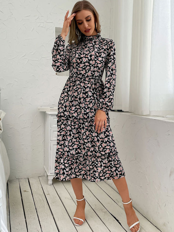 Damen-Strickkleid mit Blumenmuster und langen Ärmeln 