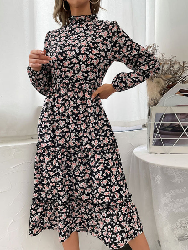 Damen-Strickkleid mit Blumenmuster und langen Ärmeln 