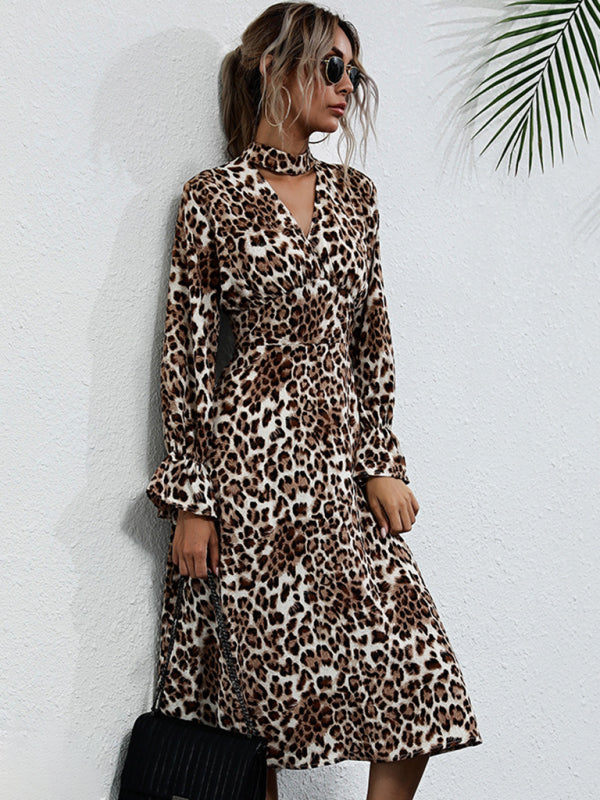 Robe midi à manches longues imprimée léopard 