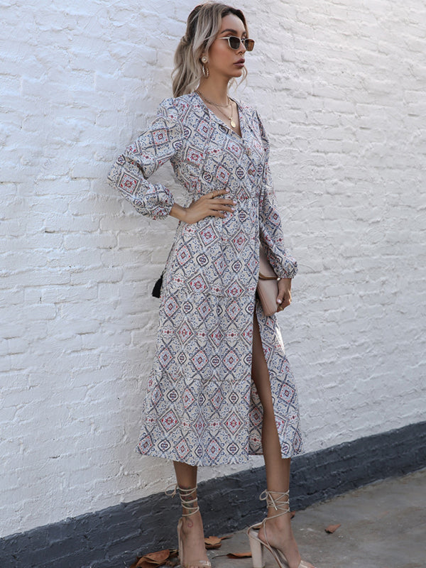 Robe midi à manches longues imprimée géométrique 