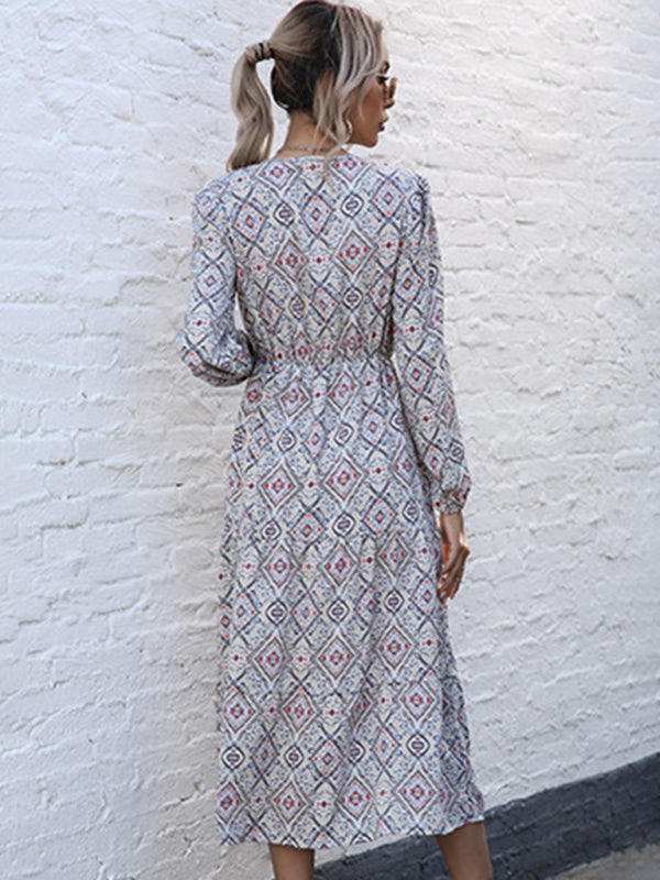Robe midi à manches longues imprimée géométrique 