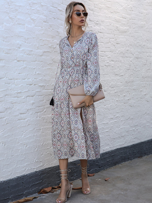 Robe midi à manches longues imprimée géométrique 