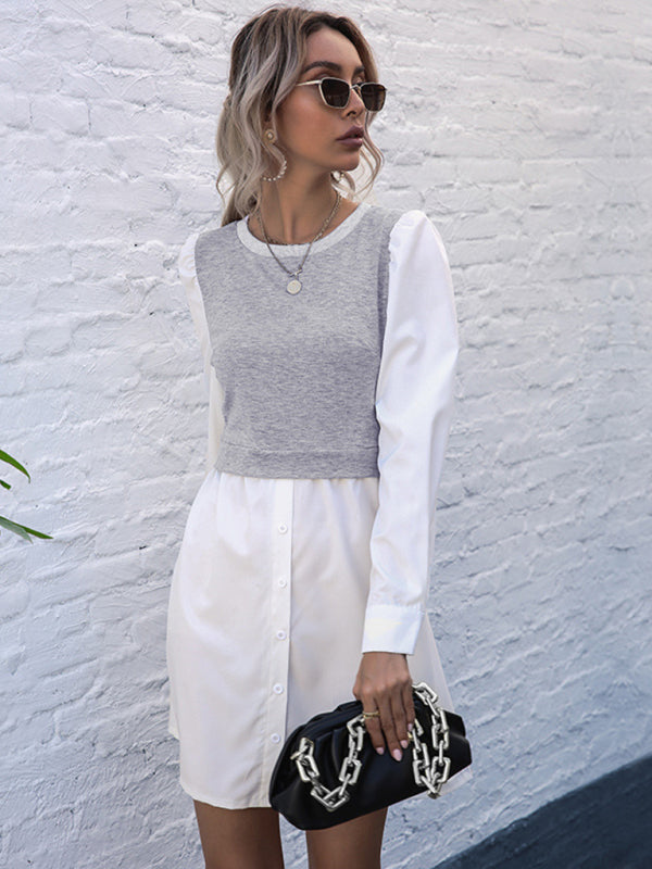 Robe boutonnée décontractée à manches longues superposées 