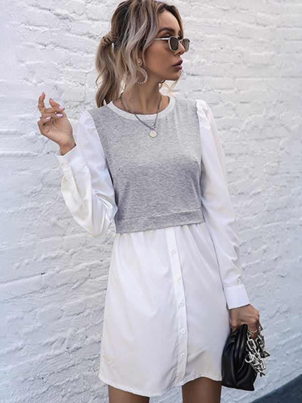 Lässiges, mehrlagiges Langarmkleid mit Knöpfen 