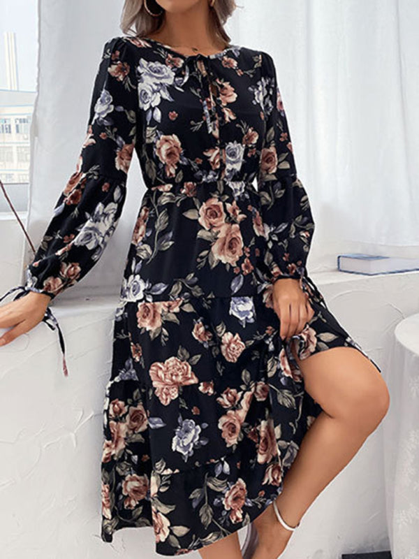 Midikleid mit Blumenmuster, gewebt, langärmelig 