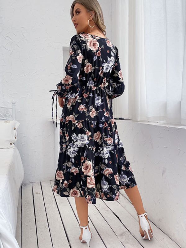 Midikleid mit Blumenmuster, gewebt, langärmelig 