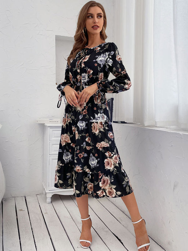 Midikleid mit Blumenmuster, gewebt, langärmelig 