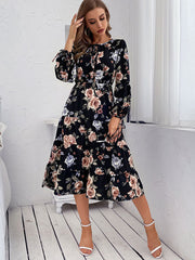 Midikleid mit Blumenmuster, gewebt, langärmelig 