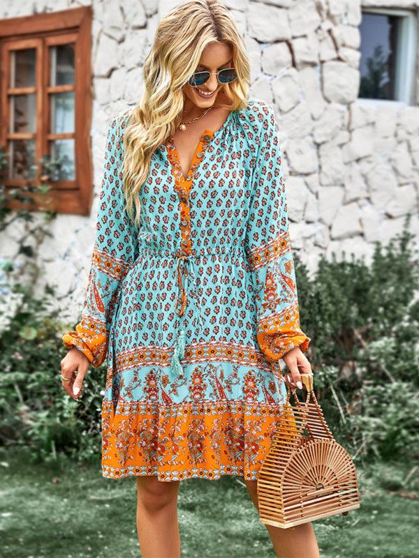 Women's Crew Neck Long Sleeve Boho Print Dress - Closther