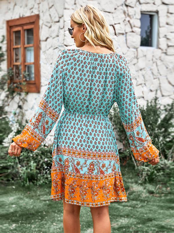 Women's Crew Neck Long Sleeve Boho Print Dress - Closther