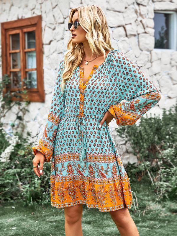 Women's Crew Neck Long Sleeve Boho Print Dress - Closther