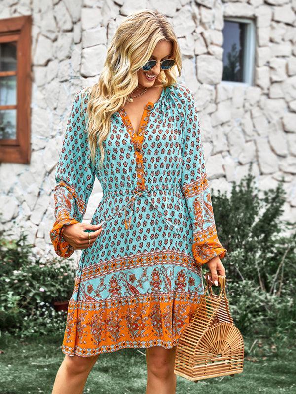 Women's Crew Neck Long Sleeve Boho Print Dress - Closther